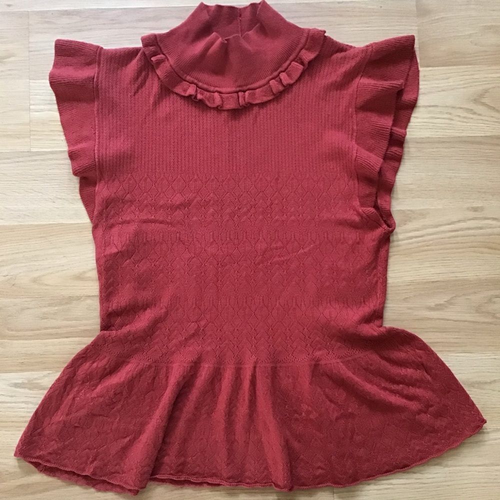 Ronny Kobo Knit High Neck Sleeveless Top Large Ruffle Peplum